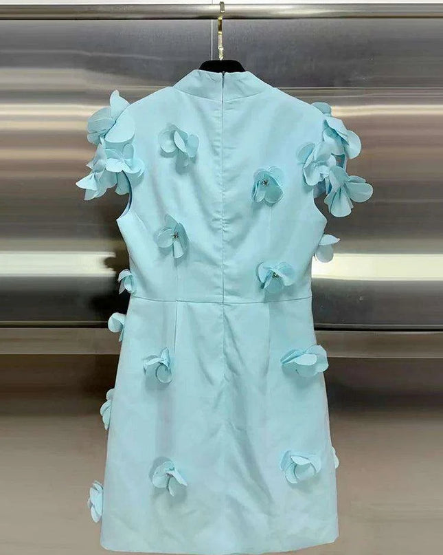 Sophisticated High Waist Appliqued Dress with Elegant Stand Collar and Short Sleeves for Women