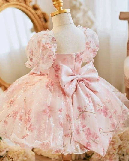 Charming Bow-Print Puff Sleeve Evening Dress for Girls