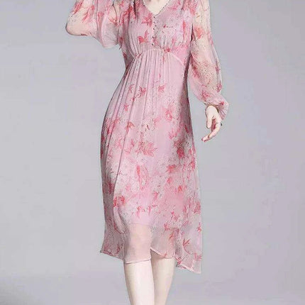 Chic V-Neck Puff Sleeve Mulberry Silk Dress with French Floral Print