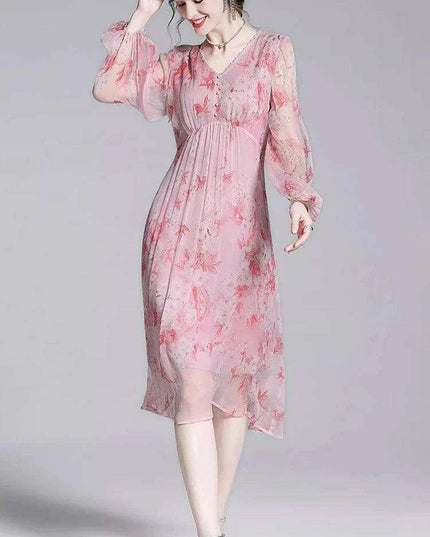 Chic V-Neck Puff Sleeve Mulberry Silk Dress with French Floral Print