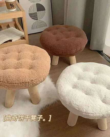 Scandinavian Round Wooden Pouf Stool with Easy-Care Cover