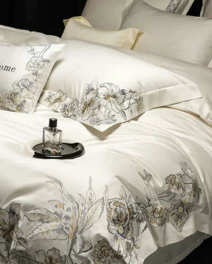 Elegant 1000TC Egyptian Cotton Floral Embroidery Bedding Ensemble with Duvet Cover, Flat Sheet, and Pillow Shams