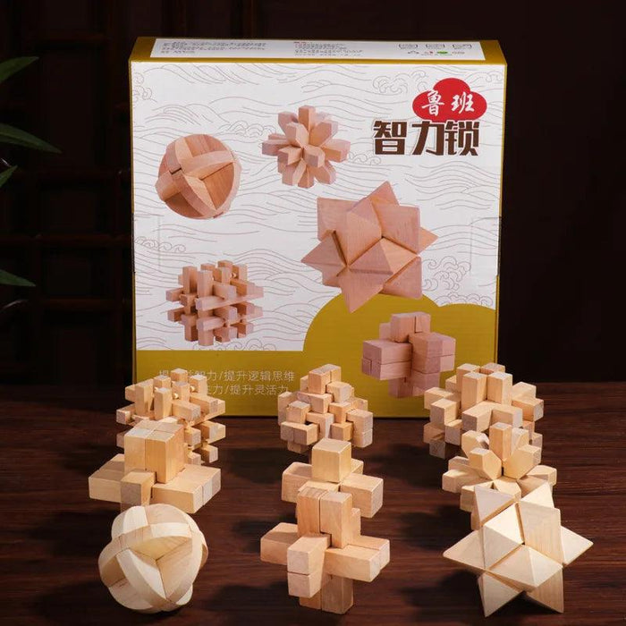 Luban Lock 9-Piece Wooden Puzzle Set - Engaging 3D Brain Teaser for All Ages, Educational IQ Challenge