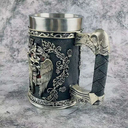 Medieval Angel of Death Skull Stainless Steel Beer Mug - 600ML Unique Horror Design