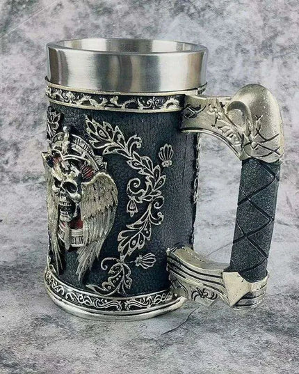Medieval Angel of Death Skull Stainless Steel Beer Mug - 600ML Unique Horror Design