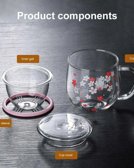 Sakura Blossom 300ml Heat-Resistant Glass Tea Mug Set with Infuser and Lid