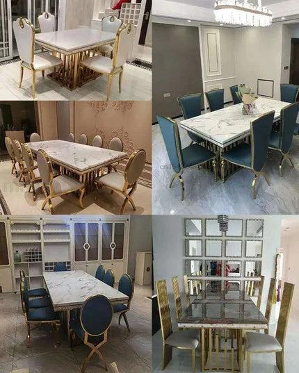 Exquisite Italian-Inspired White Marble Dining Set with Sleek Stainless Steel Chairs - Limited Edition