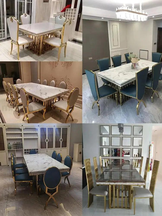 Exquisite Italian-Inspired White Marble Dining Set with Sleek Stainless Steel Chairs - Limited Edition