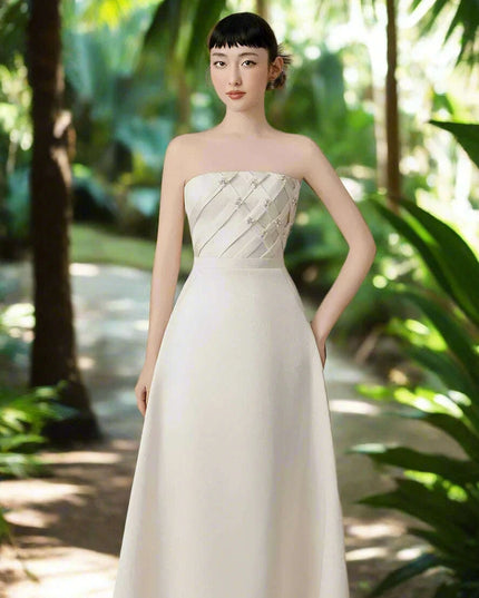 Striking Strapless High-Waisted Evening Gown with Unique Artistic Patchwork