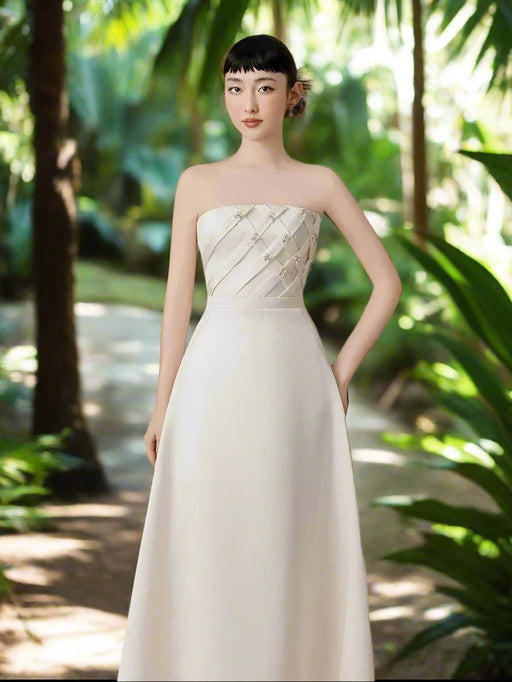 Striking Strapless High-Waisted Evening Gown with Unique Artistic Patchwork