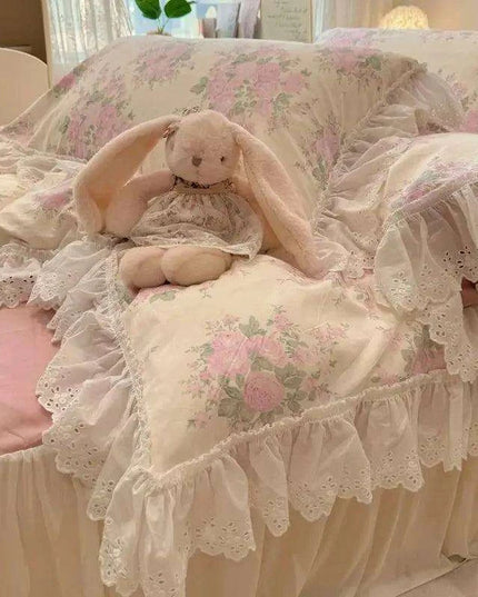 Elegant Floral Lace Ruffled Cotton Bedding Collection with Duvet Cover, Bed Skirt, Fitted Sheet, and Pillowcases