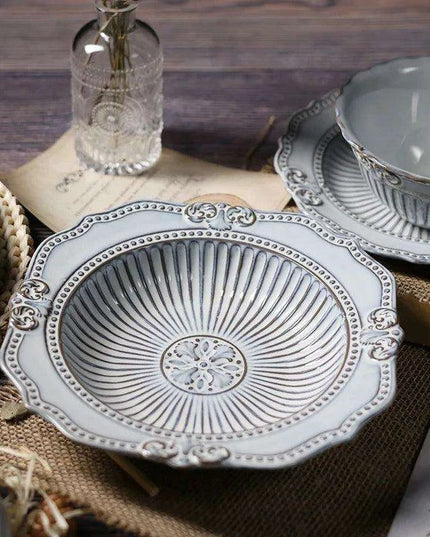 Vintage Baroque Embossed Ceramic Plate Collection - Set of 4 for Elegant Dining