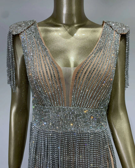 Radiant Diamond Tassel V Neck Bodycon Mini Dress - Showstopper Evening Attire