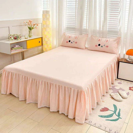 Charming 100% Cotton Pink Rabbit Applique Bedding Set - Duvet Cover, Fitted Sheet, Bed Skirt, and Pillowcases