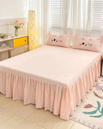 Charming 100% Cotton Pink Rabbit Applique Bedding Set - Duvet Cover, Fitted Sheet, Bed Skirt, and Pillowcases