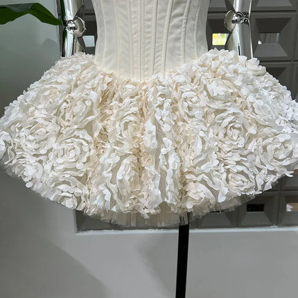3D Floral Tulle Corset Dress — Strapless Puffy Fit & Flare in Red, Black & Beige