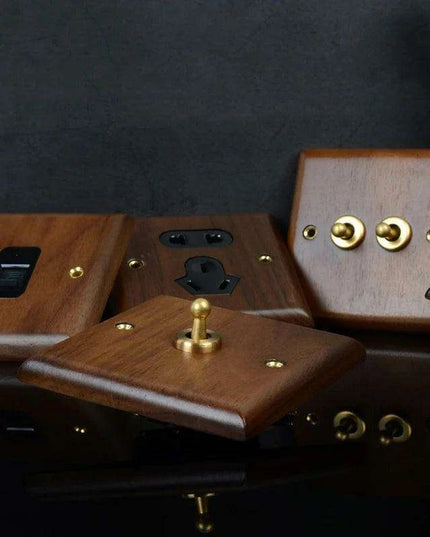 Sleek Black Walnut Electrical Panel with USB Ports, Adjustable LED Ambiance, and Contemporary Toggle Features