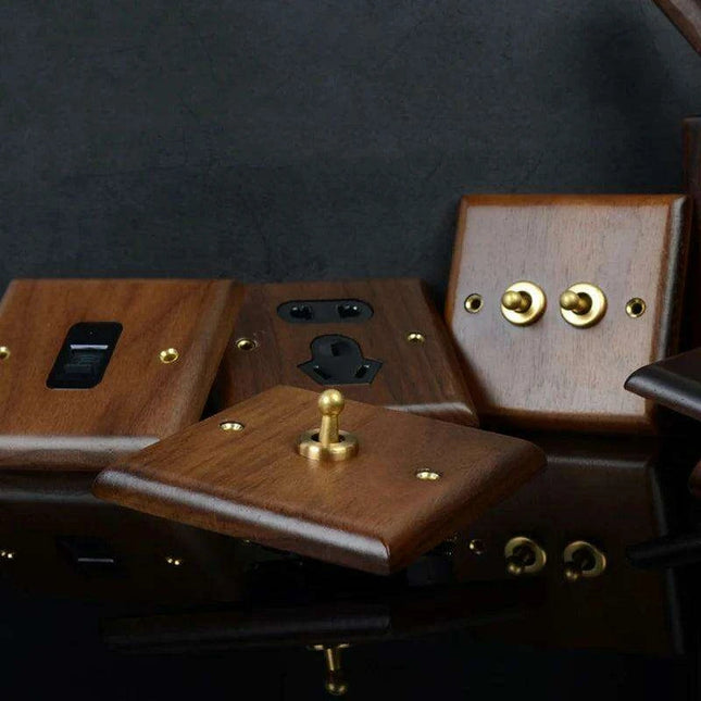 Sleek Black Walnut Electrical Panel with USB Ports, Adjustable LED Ambiance, and Contemporary Toggle Features