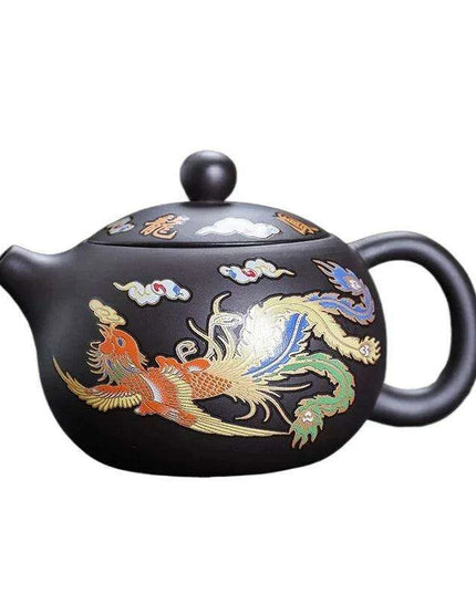 Mystical Heat-Responsive Purple Clay Teapot with Dragon and Phoenix Motif