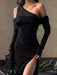Black Asymmetrical Long Sleeve Maxi Dress with Backless Cut-Out