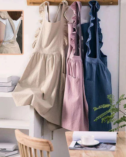 Chic Floral Ruffle Kitchen Apron for Women - Luxurious Japanese Washed Cotton Linen