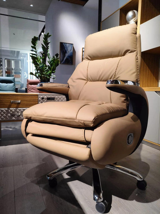 Premium Electric Reclining Office Chair with Integrated Footrest and Ergonomic High Back Support - Luxurious PU Leather Finish