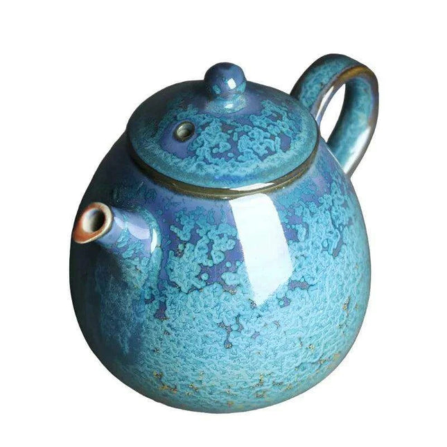 Floating Blue Jade Dragon Teapot with Crystal Handle and Gold Accents - Luxury Yuzhou Junyao Tea Set