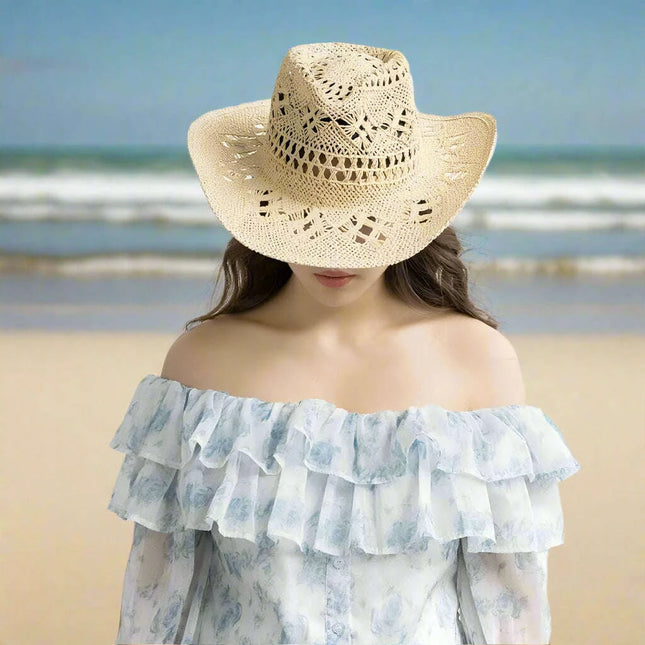 Stylish Handwoven Cowboy Straw Hat for Summer Outdoor Activities - Breathable Wide Brim Sun Protection Cap for Men and Women