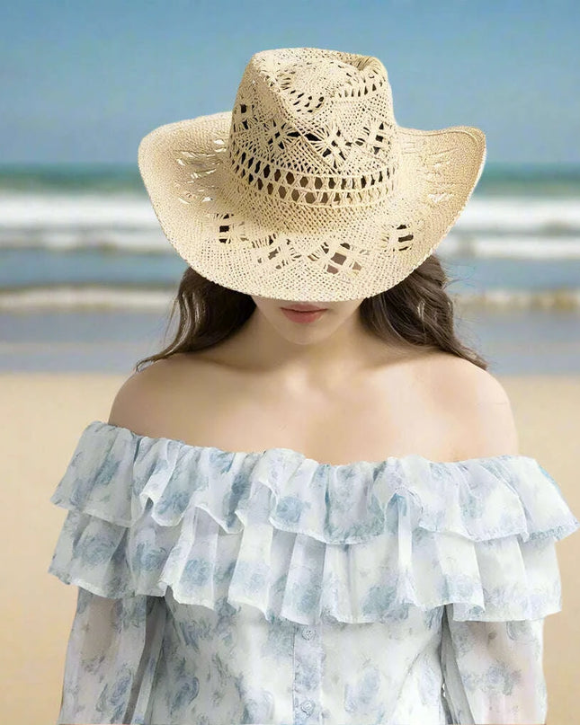 Stylish Handwoven Cowboy Straw Hat for Summer Outdoor Activities - Breathable Wide Brim Sun Protection Cap for Men and Women