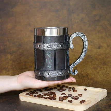 Viking-Inspired Stainless Steel Mug with Artistic Resin Design