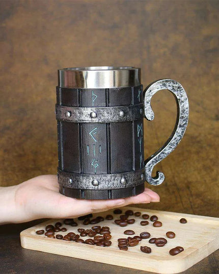 Viking-Inspired Stainless Steel Mug with Artistic Resin Design