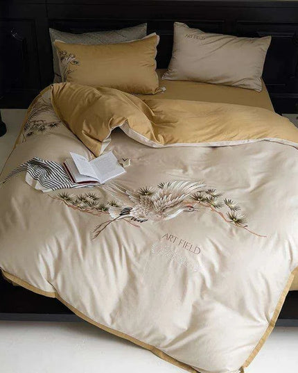 Exquisite Pine Crane Embroidered Luxury Egyptian Cotton Bedding Set with Duvet Cover and Sheets
