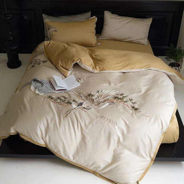 Exquisite Pine Crane Embroidered Luxury Egyptian Cotton Bedding Set with Duvet Cover and Sheets