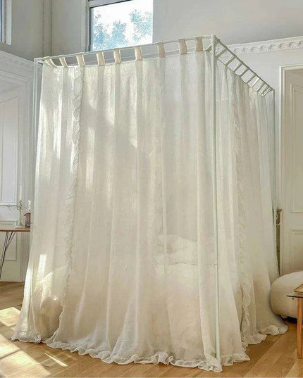 Sheer Linen Canopy Bed Curtains with Ruffled Detailing and Easy Setup