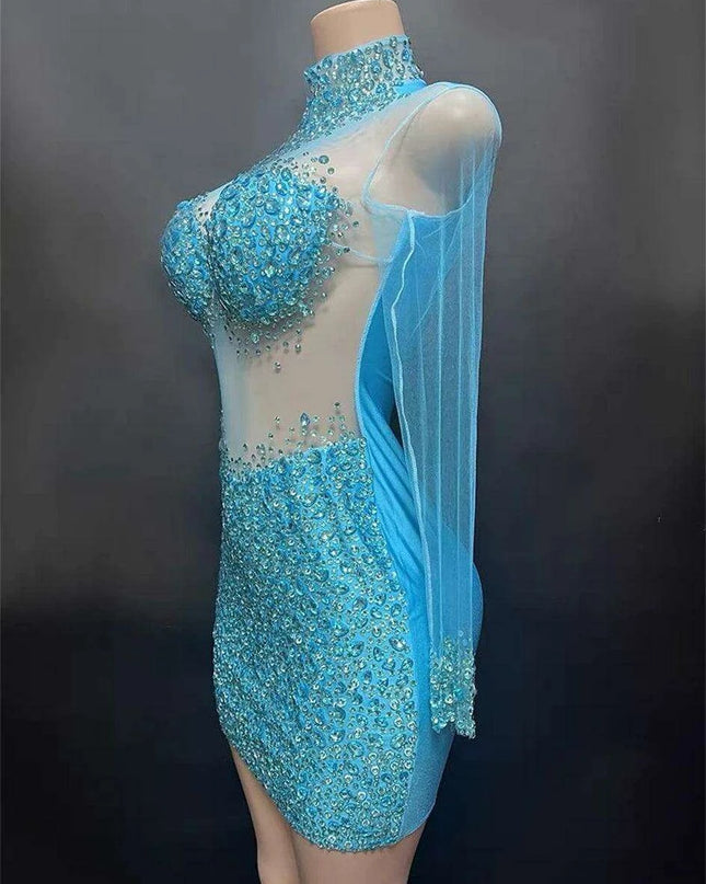 Elegant Sky Blue Sheer Evening Dress with Radiant Diamond Accents
