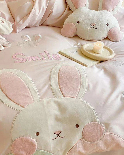 Charming Pink Bunny Applique Girls Luxury Duvet Cover Set - Premium 100S Egyptian Cotton Bedding for Single & Queen Beds