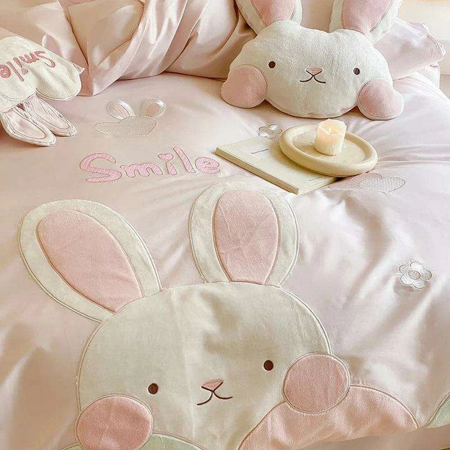 Charming Pink Bunny Applique Girls Luxury Duvet Cover Set - Premium 100S Egyptian Cotton Bedding for Single & Queen Beds
