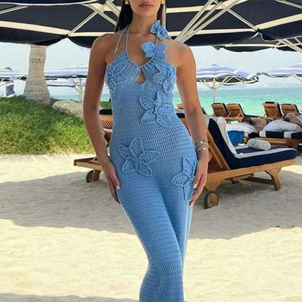 Elegant Halter Backless Floral Crochet Maxi Dress for Women - Perfect for Summer Parties and Beach Escapes
