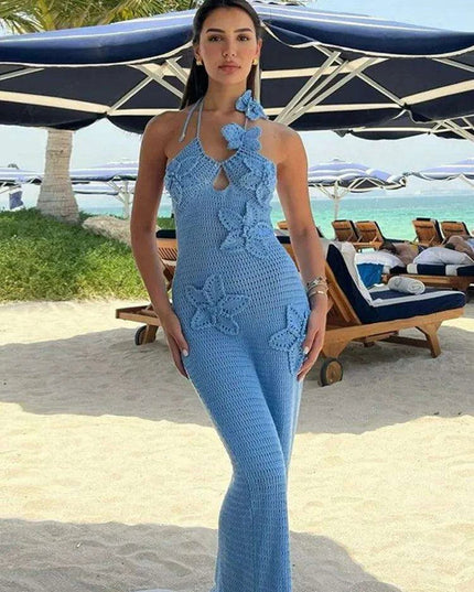 Elegant Halter Backless Floral Crochet Maxi Dress for Women - Perfect for Summer Parties and Beach Escapes