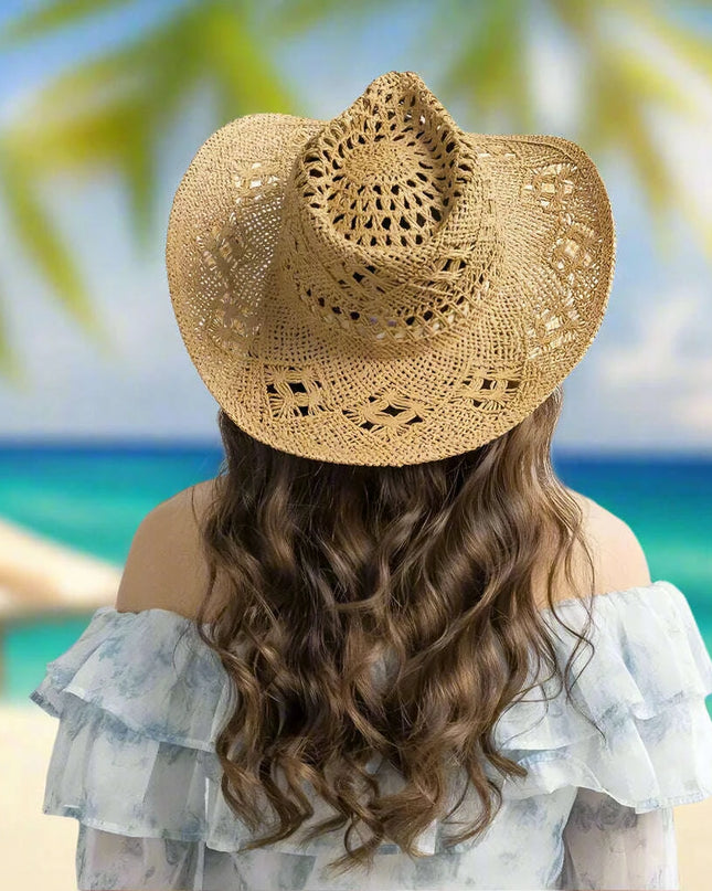 Stylish Handwoven Cowboy Straw Hat for Summer Outdoor Activities - Breathable Wide Brim Sun Protection Cap for Men and Women