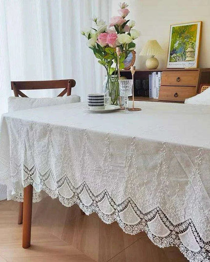 Exquisite Floral Lace Embroidered Cotton Tablecloth - Ideal for Weddings and Elegant Home Styling