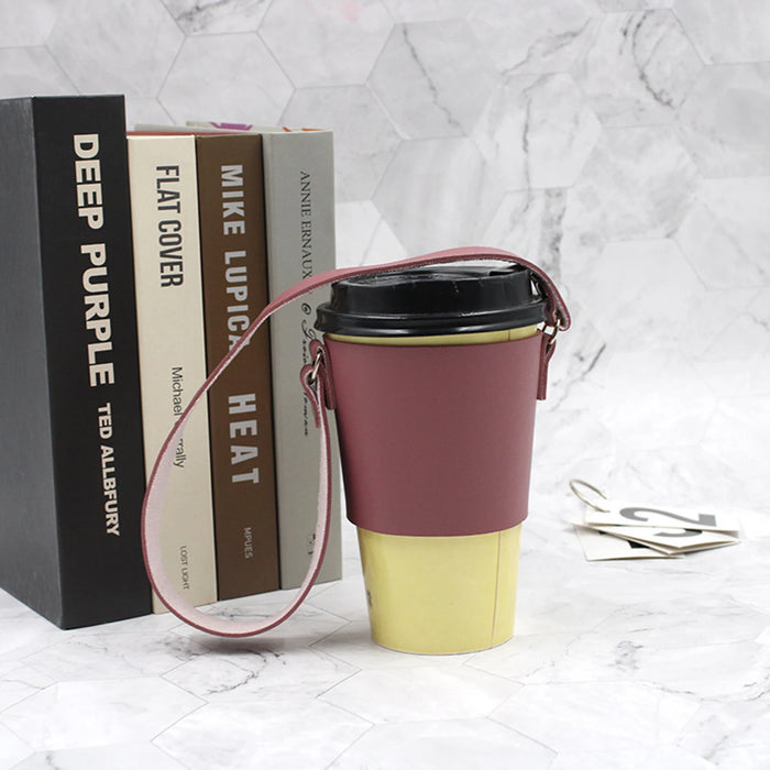 Leather Beverage Holder with Handle - Stylish Reusable Cup Sleeve for Hot and Cold Drinks