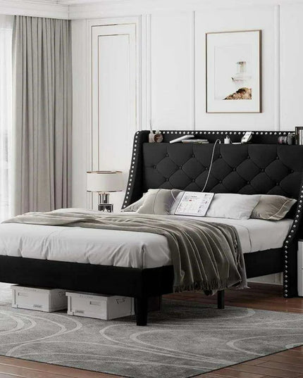 Luxurious Black Wingback Bed Frame with Smart Storage Headboard and Charging Ports