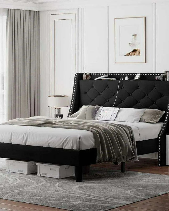 Luxurious Black Wingback Bed Frame with Smart Storage Headboard and Charging Ports