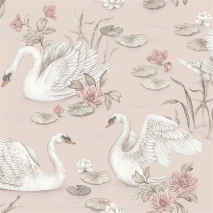 3D Pink Swan Wallpaper Mural — Kids Room, 10 Patterns, 7 Materials