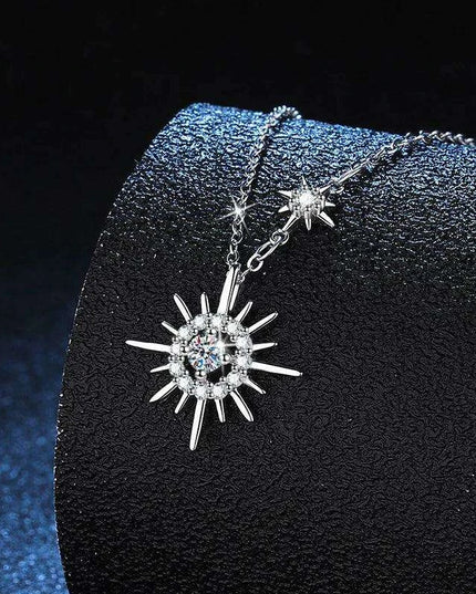 Sunburst Serenity Sterling Silver Necklace with Lab-Grown Diamond Hexagram Pendant: Chic Jewelry for Women