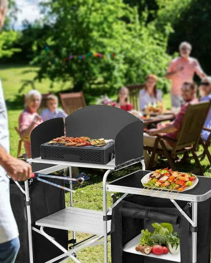 Versatile Roll-Top BBQ Table with Windscreen & Generous Storage - Black2cabinet