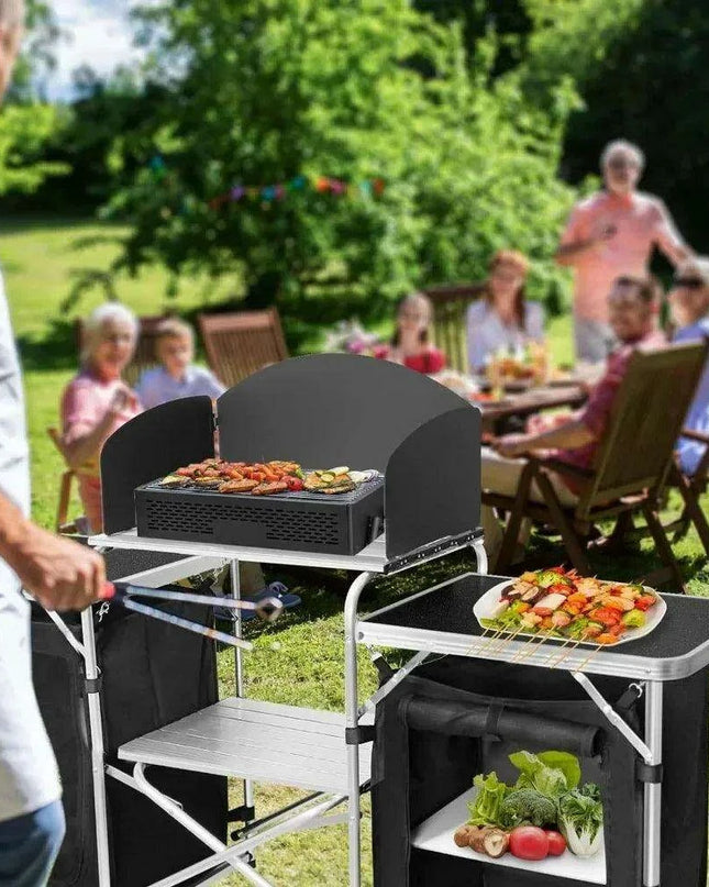 Versatile Roll-Top BBQ Table with Windscreen & Generous Storage - Black2cabinet