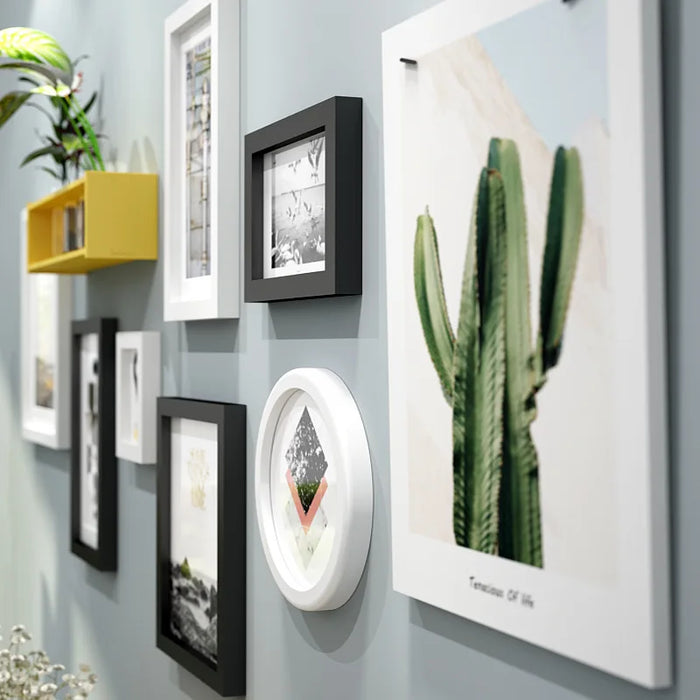 9-Piece Wood Photo Frame Set with Vase Shelf - Modern Wall Art