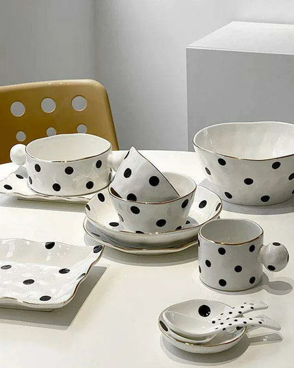 Elegant Gold-Trimmed Polka Dot Ceramic Dining Set for Sophisticated Entertaining